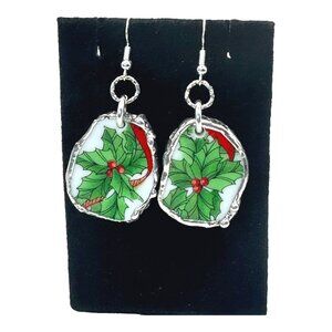 Artisan Holly Earrings Wicks N Sticks Broken China Bezels with 925 Silver Hooks